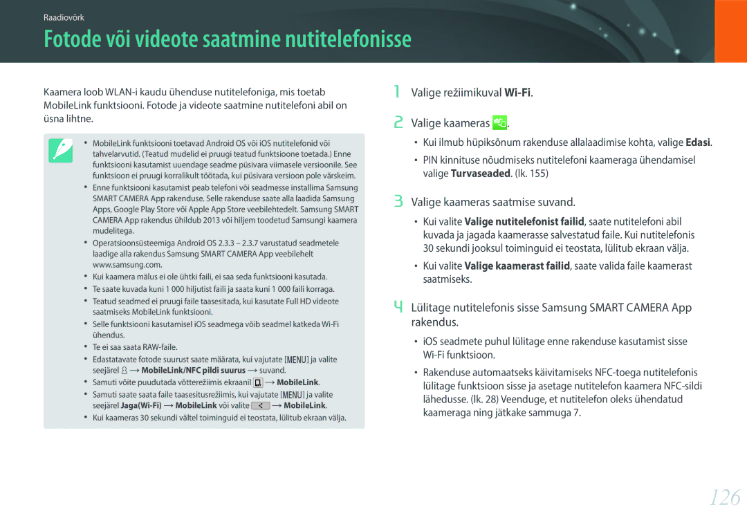 Samsung EV-NXF1ZZB1HLV manual Fotode või videote saatmine nutitelefonisse, 126, Valige režiimikuval Wi-Fi Valige kaameras 