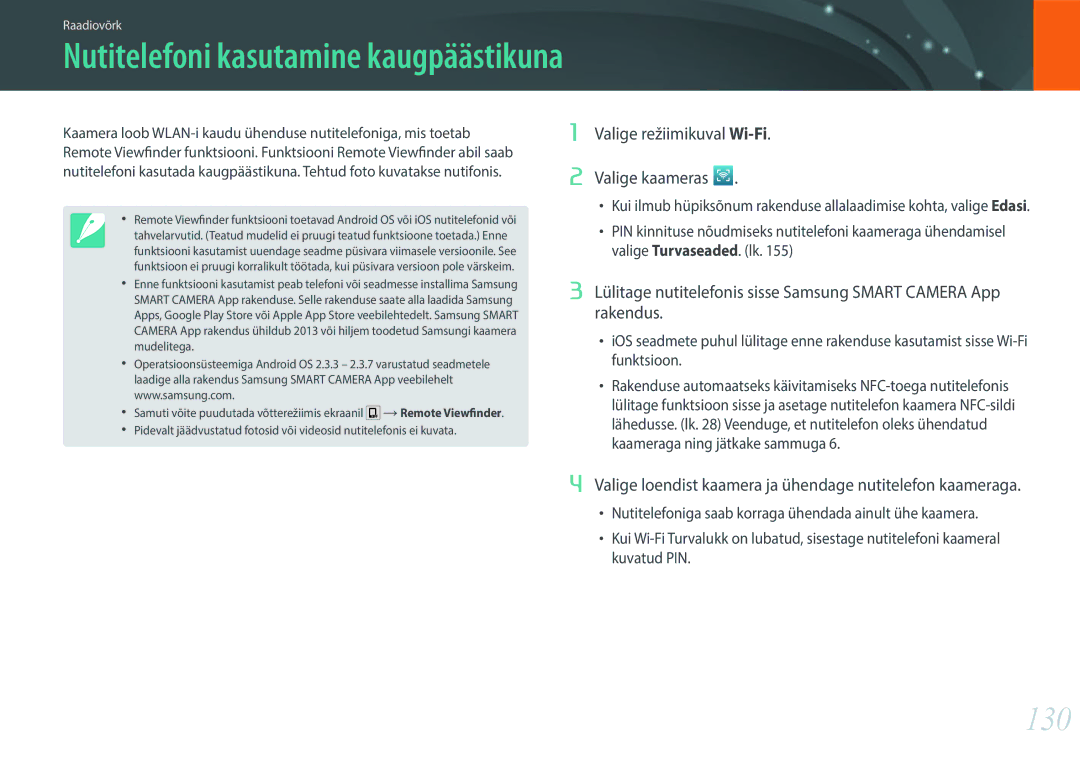 Samsung EV-NXF1ZZB1HLV, EV-NXF1ZZB2JLV, EV-NXF1ZZB2ILV, EV-NXF1ZZB2HLV manual 130, Nutitelefoni kasutamine kaugpäästikuna 