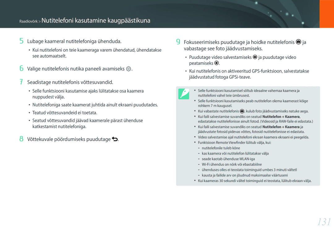 Samsung EV-NXF1ZZB2JLV, EV-NXF1ZZB2ILV, EV-NXF1ZZB2HLV manual 131, Raadiovõrk Nutitelefoni kasutamine kaugpäästikuna 