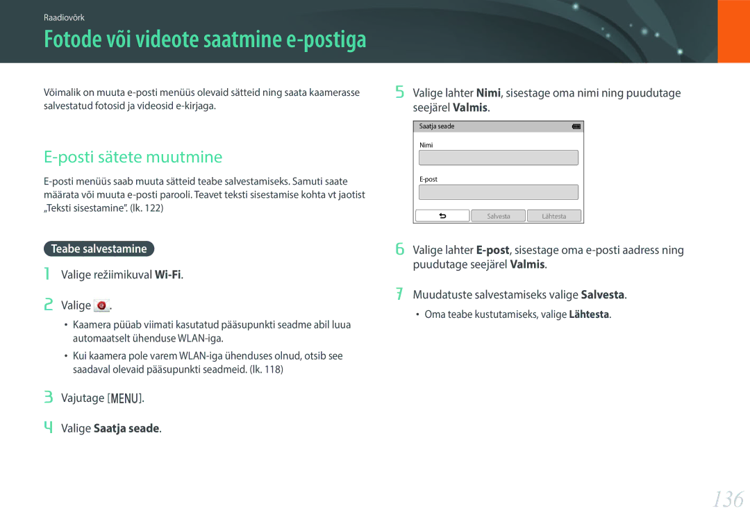 Samsung EV-NXF1ZZB2ILV manual Fotode või videote saatmine e-postiga, 136, Posti sätete muutmine, Teabe salvestamine 