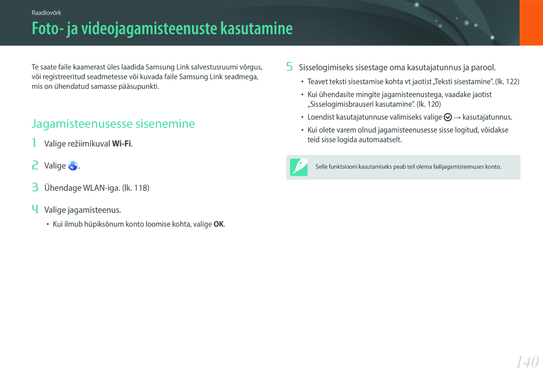 Samsung EV-NXF1ZZB2ILV, EV-NXF1ZZB2JLV manual Foto- ja videojagamisteenuste kasutamine, 140, Jagamisteenusesse sisenemine 