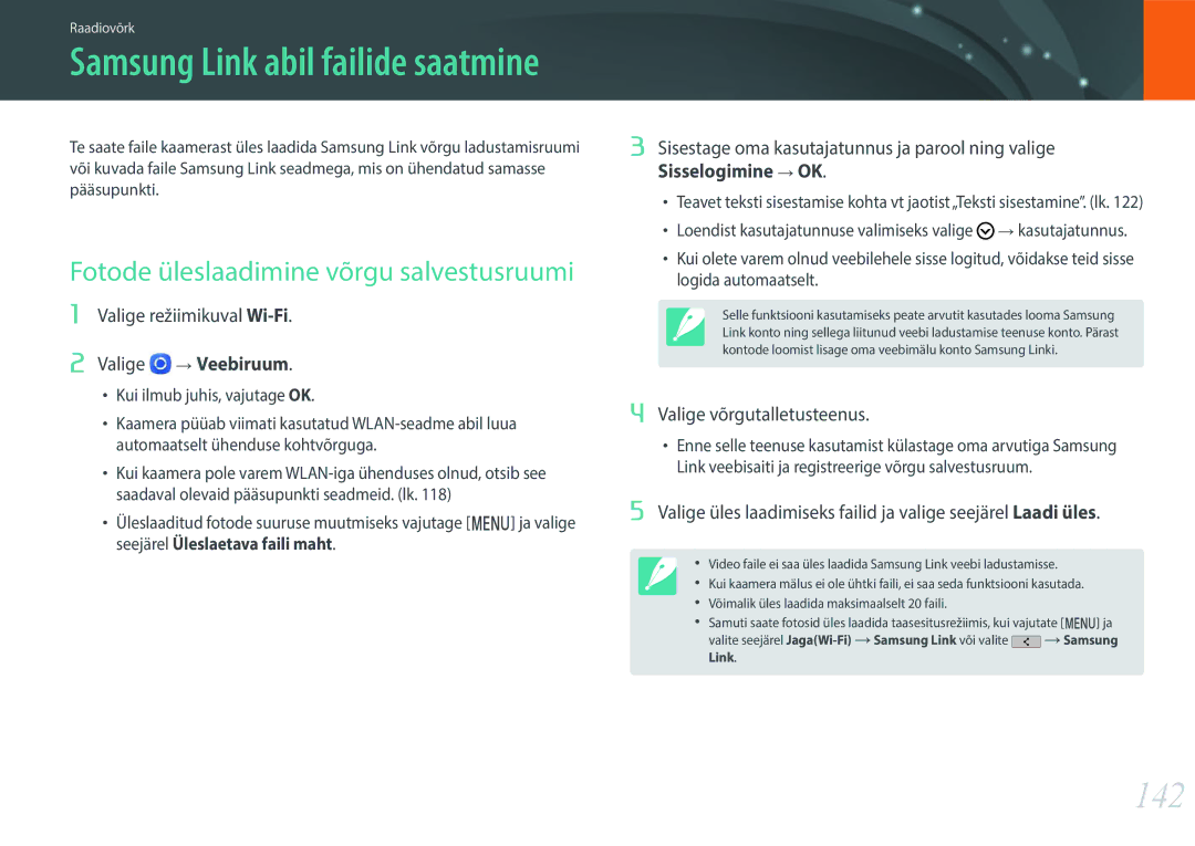 Samsung EV-NXF1ZZB1HLV 142, Fotode üleslaadimine võrgu salvestusruumi, Sisestage oma kasutajatunnus ja parool ning valige 