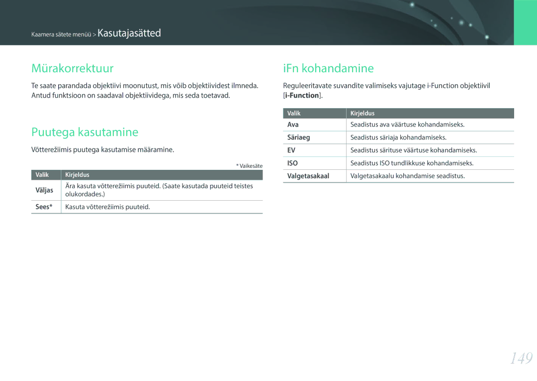 Samsung EV-NXF1ZZB2HLV, EV-NXF1ZZB2JLV, EV-NXF1ZZB2ILV manual 149, Mürakorrektuur, Puutega kasutamine, IFn kohandamine 