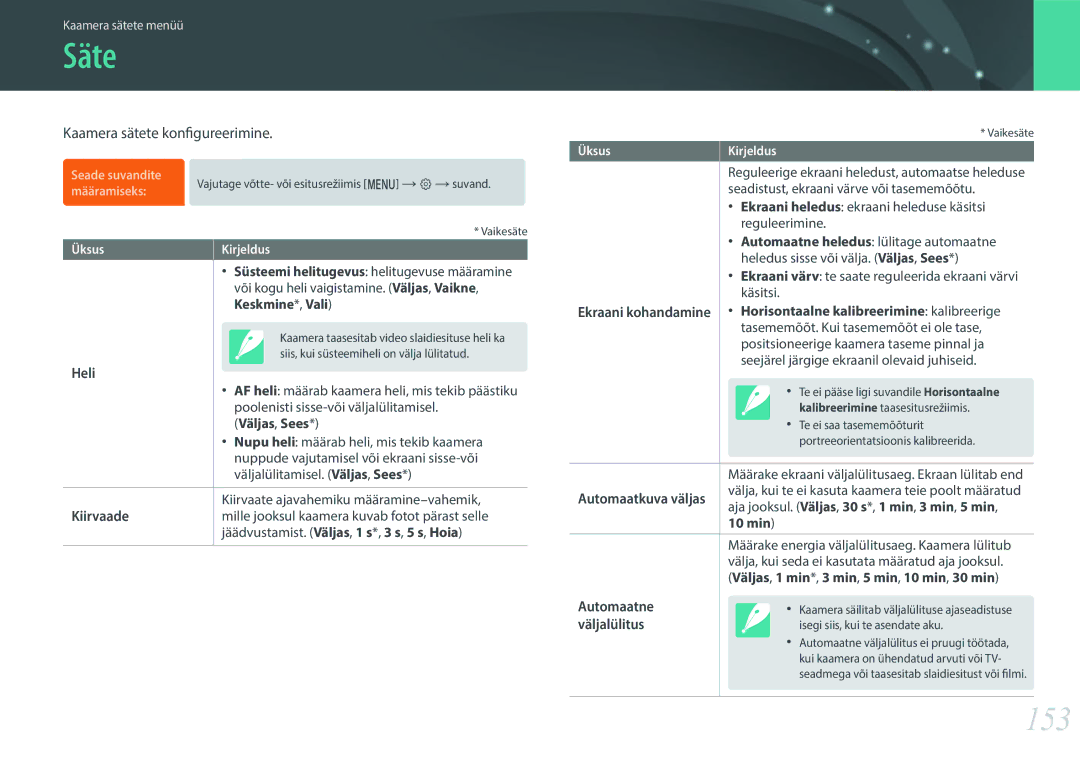Samsung EV-NXF1ZZB2HLV, EV-NXF1ZZB2JLV, EV-NXF1ZZB2ILV, EV-NXF1ZZB1HLV manual Säte, 153, Kaamera sätete konfigureerimine 