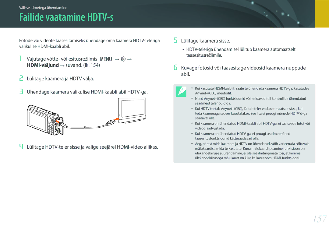 Samsung EV-NXF1ZZB2HLV, EV-NXF1ZZB2JLV, EV-NXF1ZZB2ILV, EV-NXF1ZZB1HLV Failide vaatamine HDTV-s, 157, Lülitage kaamera sisse 