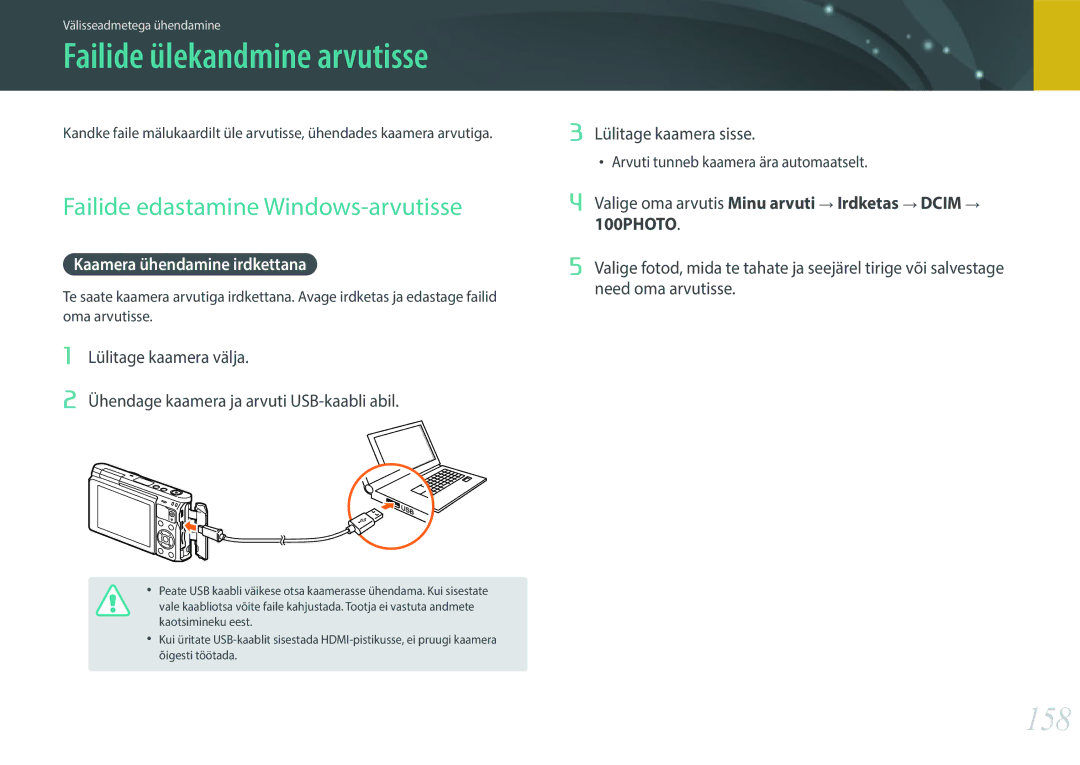 Samsung EV-NXF1ZZB1HLV, EV-NXF1ZZB2JLV manual 158, Failide edastamine Windows-arvutisse, Kaamera ühendamine irdkettana 