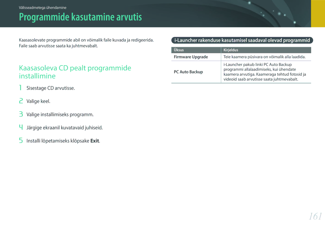 Samsung EV-NXF1ZZB2HLV manual 161, Kaasasoleva CD pealt programmide installimine, Firmware Upgrade, PC Auto Backup 