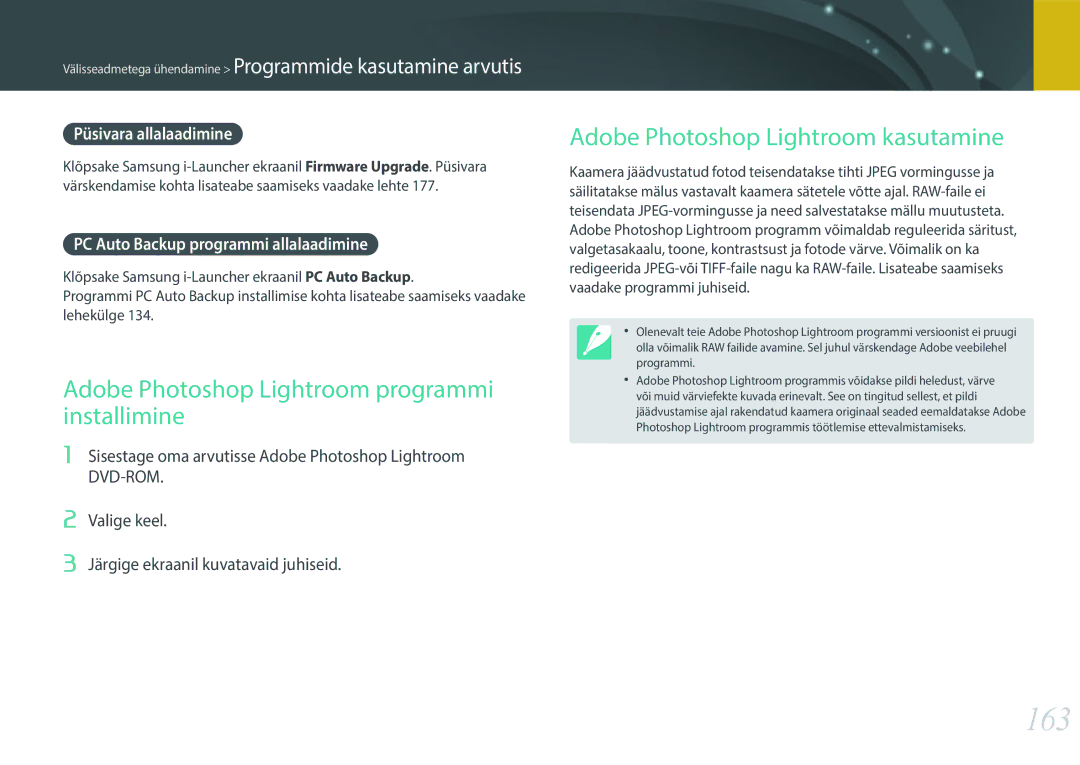 Samsung EV-NXF1ZZB2JLV manual 163, Adobe Photoshop Lightroom programmi installimine, Adobe Photoshop Lightroom kasutamine 