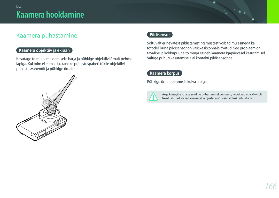 Samsung EV-NXF1ZZB1HLV, EV-NXF1ZZB2JLV, EV-NXF1ZZB2ILV, EV-NXF1ZZB2HLV manual Kaamera hooldamine, 166, Kaamera puhastamine 