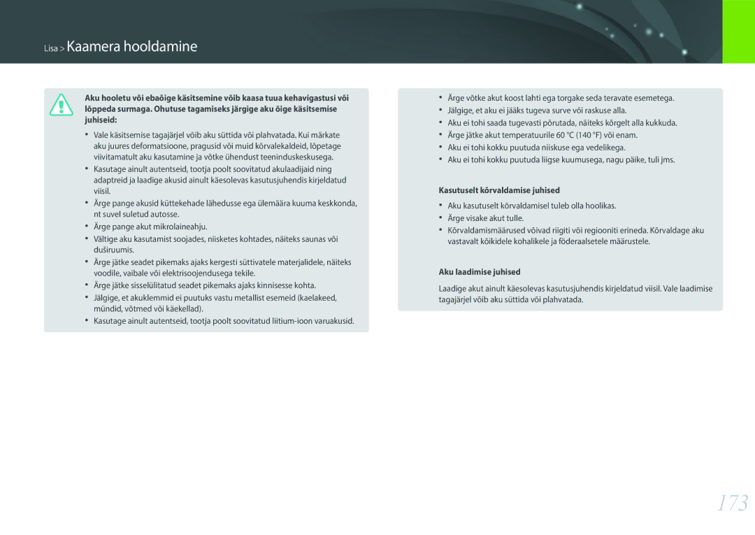 Samsung EV-NXF1ZZB2HLV, EV-NXF1ZZB2JLV, EV-NXF1ZZB2ILV, EV-NXF1ZZB1HLV manual 173, Kasutuselt kõrvaldamise juhised 