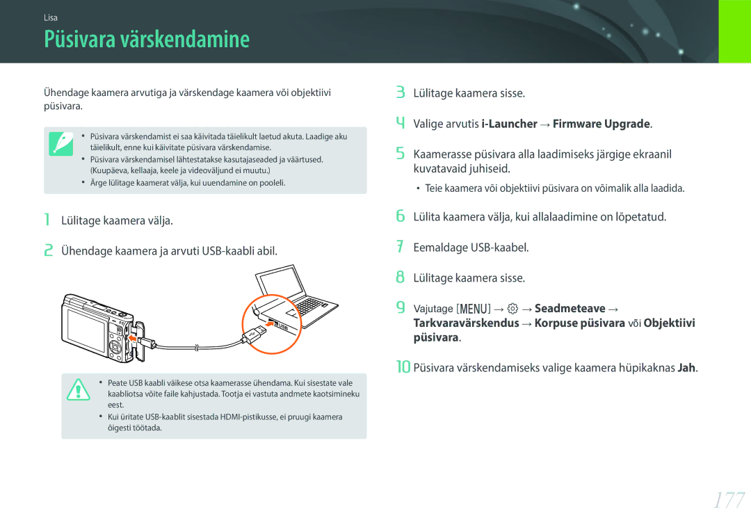 Samsung EV-NXF1ZZB2HLV manual Püsivara värskendamine, 177, 10 Püsivara värskendamiseks valige kaamera hüpikaknas Jah 