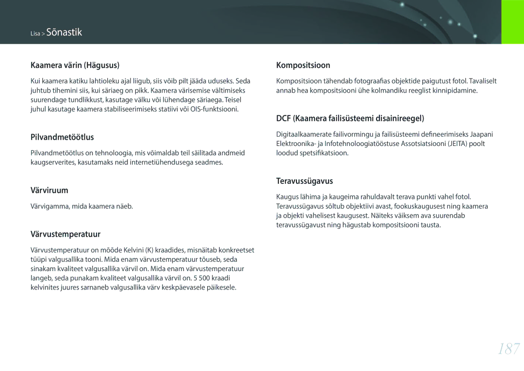 Samsung EV-NXF1ZZB2JLV, EV-NXF1ZZB2ILV, EV-NXF1ZZB2HLV, EV-NXF1ZZB1HLV manual 187, Värvigamma, mida kaamera näeb 