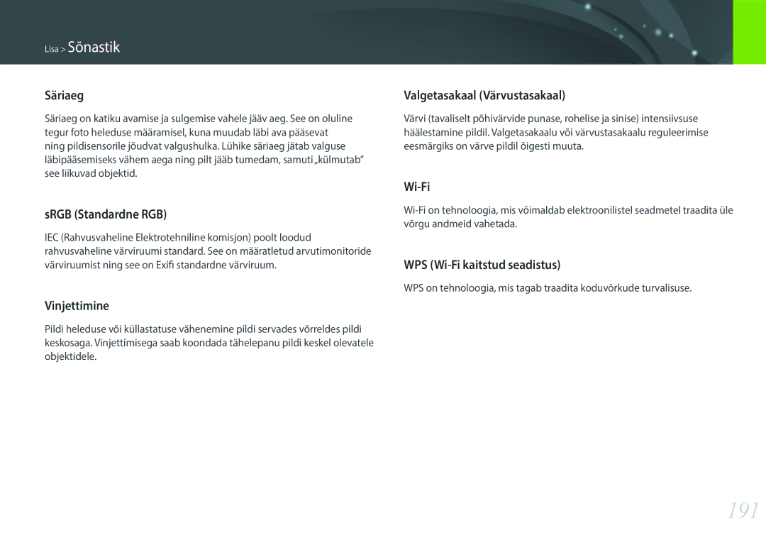 Samsung EV-NXF1ZZB2JLV, EV-NXF1ZZB2ILV, EV-NXF1ZZB2HLV, EV-NXF1ZZB1HLV manual 191, Säriaeg 