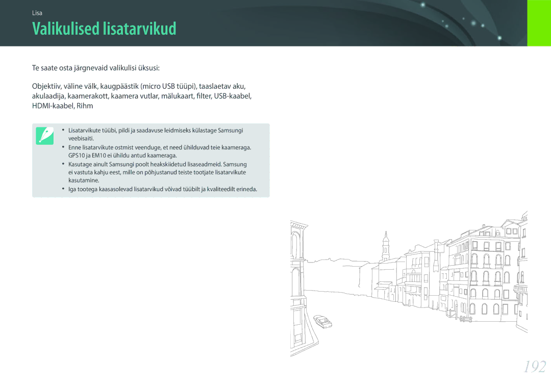 Samsung EV-NXF1ZZB2ILV, EV-NXF1ZZB2JLV, EV-NXF1ZZB2HLV, EV-NXF1ZZB1HLV manual Valikulised lisatarvikud, 192 