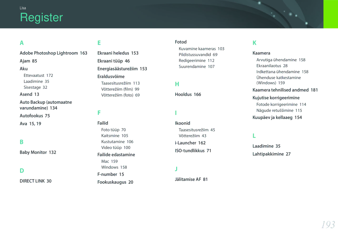 Samsung EV-NXF1ZZB2HLV, EV-NXF1ZZB2JLV manual Register, 193, Adobe Photoshop Lightroom, Launcher 162 ISO-tundlikkus 