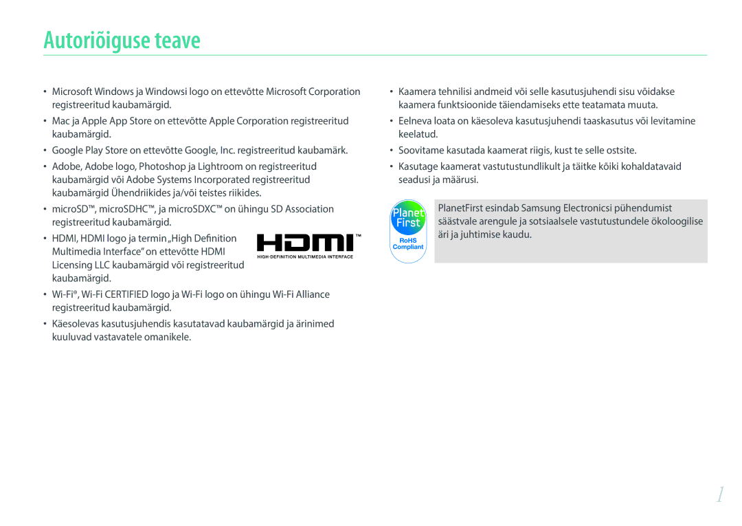 Samsung EV-NXF1ZZB2HLV, EV-NXF1ZZB2JLV, EV-NXF1ZZB2ILV, EV-NXF1ZZB1HLV manual Autoriõiguse teave 