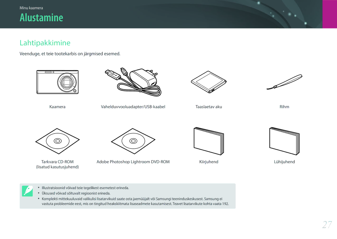 Samsung EV-NXF1ZZB2JLV, EV-NXF1ZZB2ILV manual Alustamine, Lahtipakkimine, Veenduge, et teie tootekarbis on järgmised esemed 