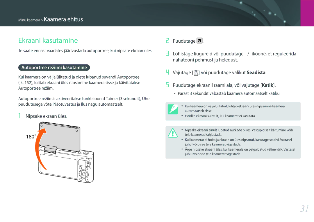 Samsung EV-NXF1ZZB2JLV, EV-NXF1ZZB2ILV manual Ekraani kasutamine, Autoportree režiimi kasutamine, Nipsake ekraan üles 