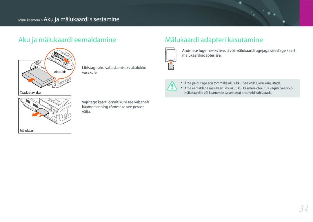 Samsung EV-NXF1ZZB1HLV, EV-NXF1ZZB2JLV, EV-NXF1ZZB2ILV manual Aku ja mälukaardi eemaldamine Mälukaardi adapteri kasutamine 