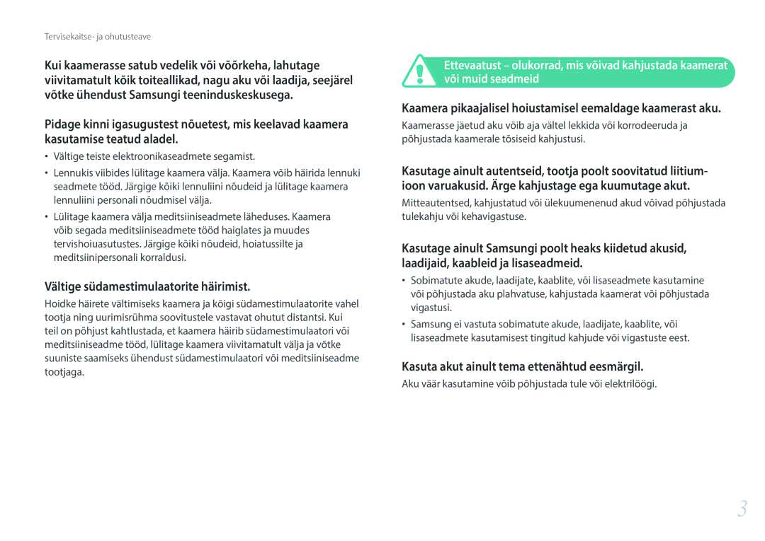 Samsung EV-NXF1ZZB2JLV, EV-NXF1ZZB2ILV manual Või muid seadmeid, Aku väär kasutamine võib põhjustada tule või elektrilöögi 