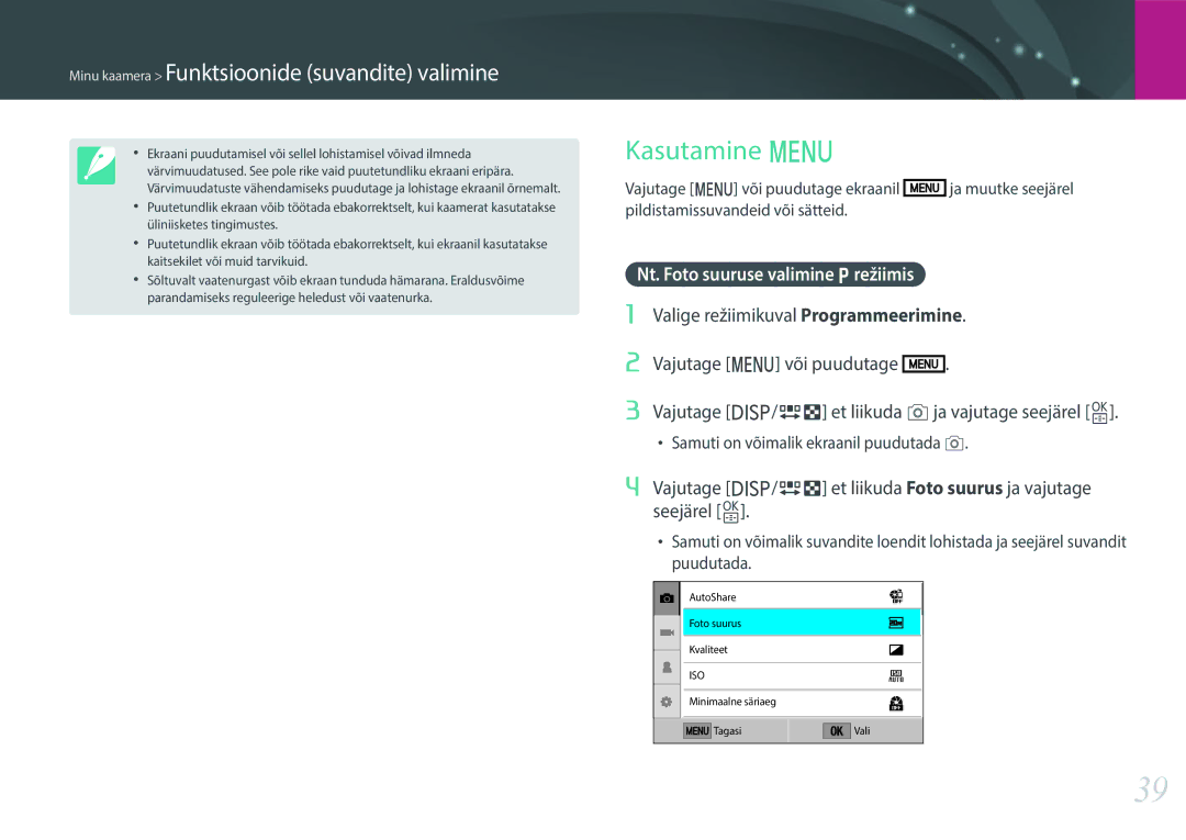 Samsung EV-NXF1ZZB2JLV manual Kasutamine m, Nt. Foto suuruse valimine P režiimis, Vajutage m või puudutage ekraanil 