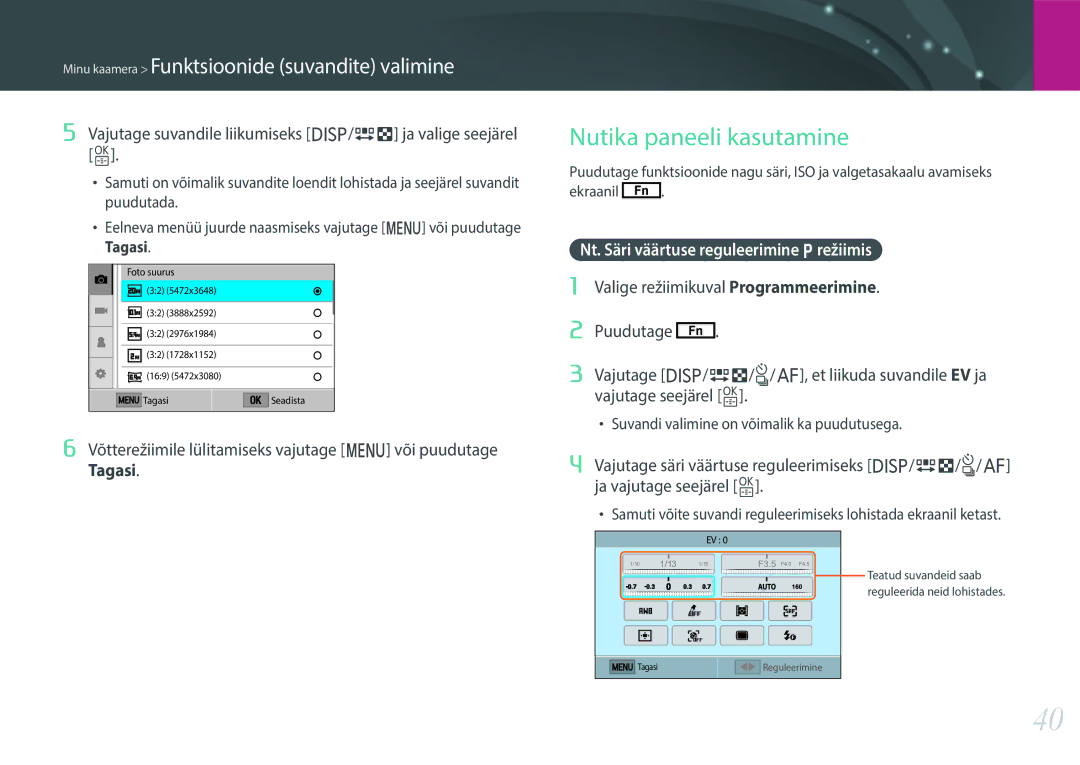 Samsung EV-NXF1ZZB2ILV, EV-NXF1ZZB2JLV Nutika paneeli kasutamine, Vajutage suvandile liikumiseks D/I ja valige seejärel o 