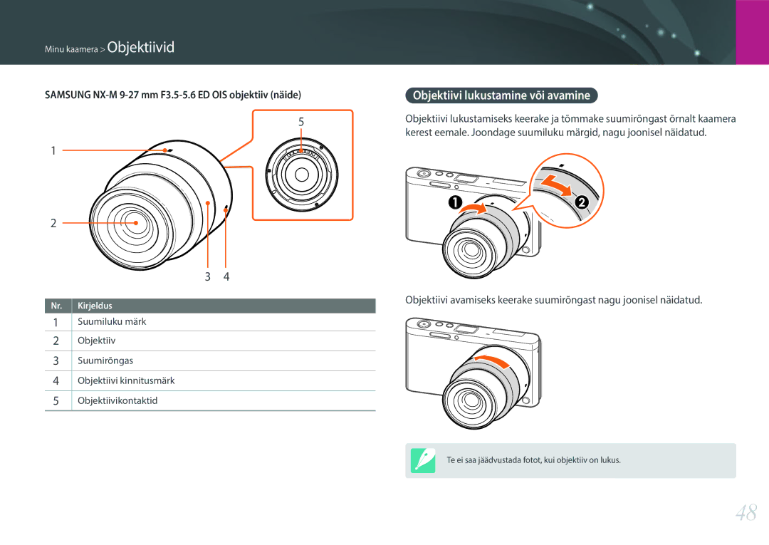 Samsung EV-NXF1ZZB2ILV, EV-NXF1ZZB2JLV, EV-NXF1ZZB2HLV, EV-NXF1ZZB1HLV manual Objektiivi lukustamine või avamine 