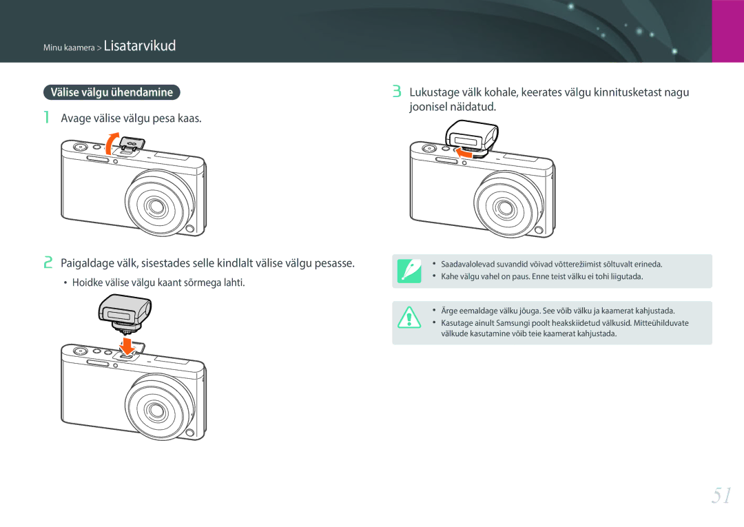 Samsung EV-NXF1ZZB2JLV, EV-NXF1ZZB2ILV, EV-NXF1ZZB2HLV manual Joonisel näidatud, Hoidke välise välgu kaant sõrmega lahti 