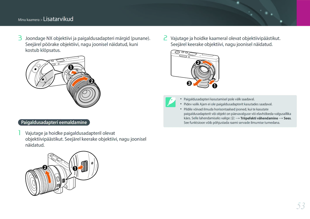 Samsung EV-NXF1ZZB2HLV, EV-NXF1ZZB2JLV manual Joondage NX objektiivi ja paigaldusadapteri märgid punane, Kostub klõpsatus 