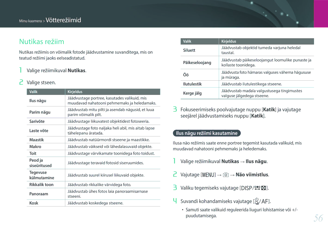 Samsung EV-NXF1ZZB2ILV manual Nutikas režiim, Valige režiimikuval Nutikas Valige stseen, Ilus nägu režiimi kasutamine 