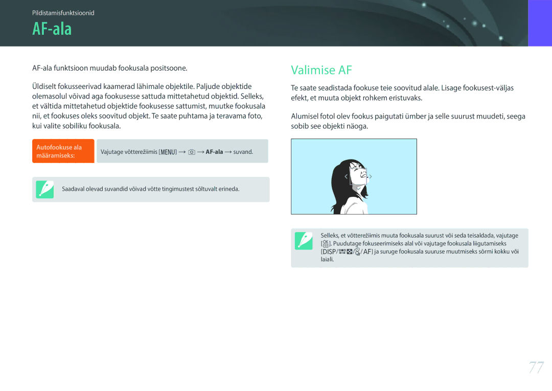 Samsung EV-NXF1ZZB2HLV, EV-NXF1ZZB2JLV, EV-NXF1ZZB2ILV, EV-NXF1ZZB1HLV manual AF-ala, Valimise AF 