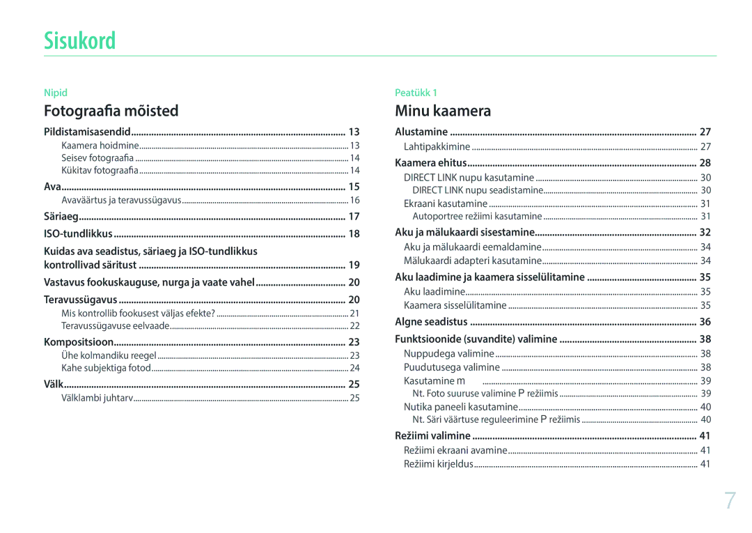 Samsung EV-NXF1ZZB2JLV, EV-NXF1ZZB2ILV, EV-NXF1ZZB2HLV, EV-NXF1ZZB1HLV manual Sisukord, Fotograafia mõisted 