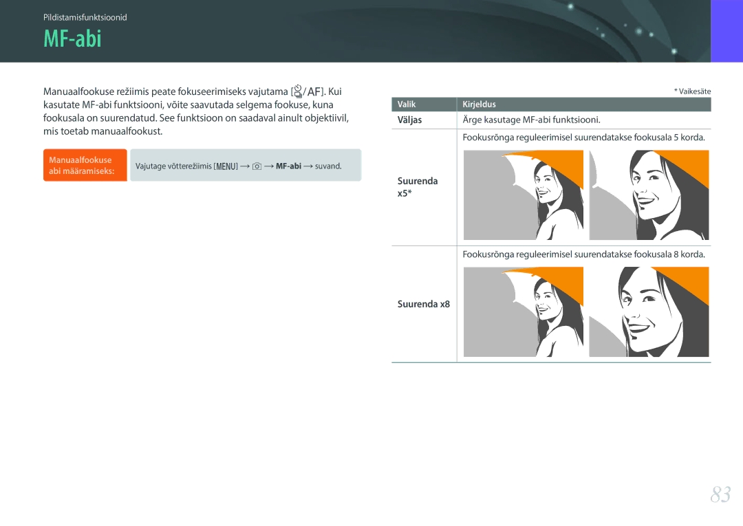 Samsung EV-NXF1ZZB2JLV, EV-NXF1ZZB2ILV manual MF-abi, Fookusrõnga reguleerimisel suurendatakse fookusala 8 korda, Suurenda 