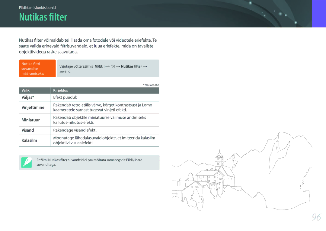Samsung EV-NXF1ZZB2ILV, EV-NXF1ZZB2JLV, EV-NXF1ZZB2HLV manual Nutikas filter, Väljas, Vinjettimine, Miniatuur, Kalasilm 