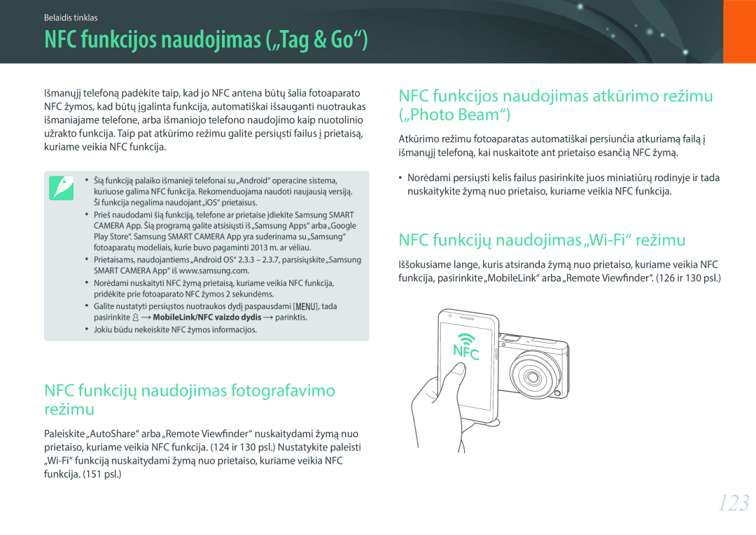 Samsung EV-NXF1ZZB2JLV manual 123, NFC funkcijų naudojimas fotografavimo režimu, NFC funkcijų naudojimas „Wi-Fi režimu 