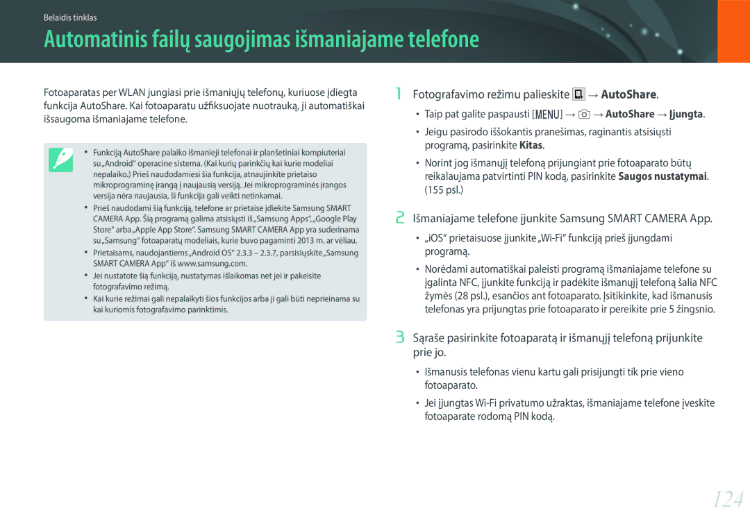 Samsung EV-NXF1ZZB2ILV manual Automatinis failų saugojimas išmaniajame telefone, 124, Išsaugoma išmaniajame telefone 