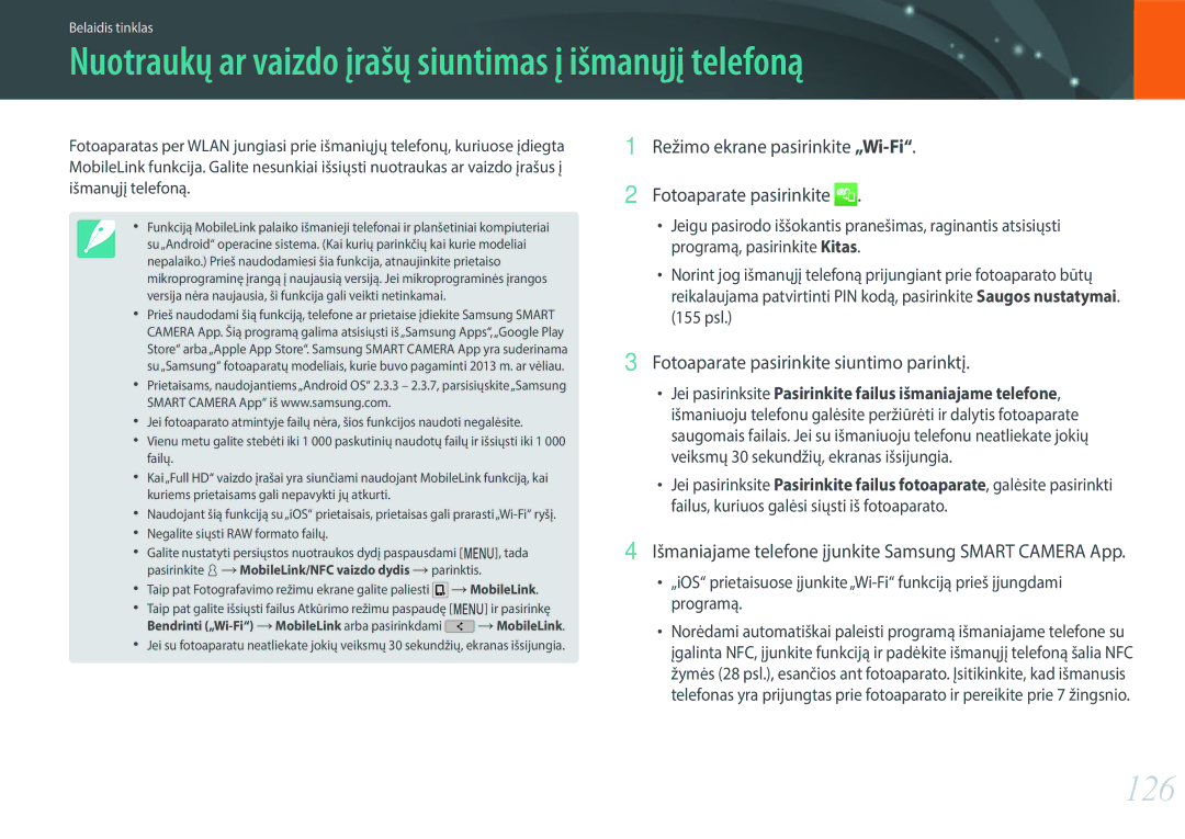 Samsung EV-NXF1ZZB1HLV, EV-NXF1ZZB2JLV, EV-NXF1ZZB2ILV manual Nuotraukų ar vaizdo įrašų siuntimas į išmanųjį telefoną, 126 