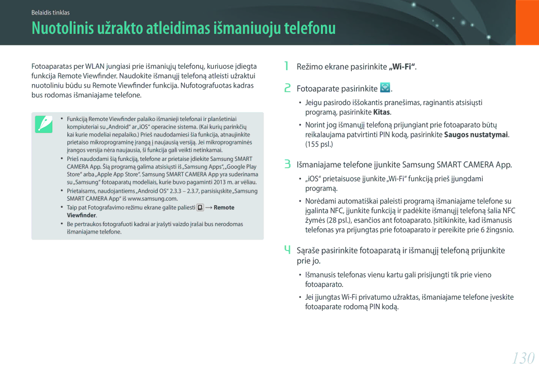 Samsung EV-NXF1ZZB1HLV, EV-NXF1ZZB2JLV, EV-NXF1ZZB2ILV manual Nuotolinis užrakto atleidimas išmaniuoju telefonu, 130 