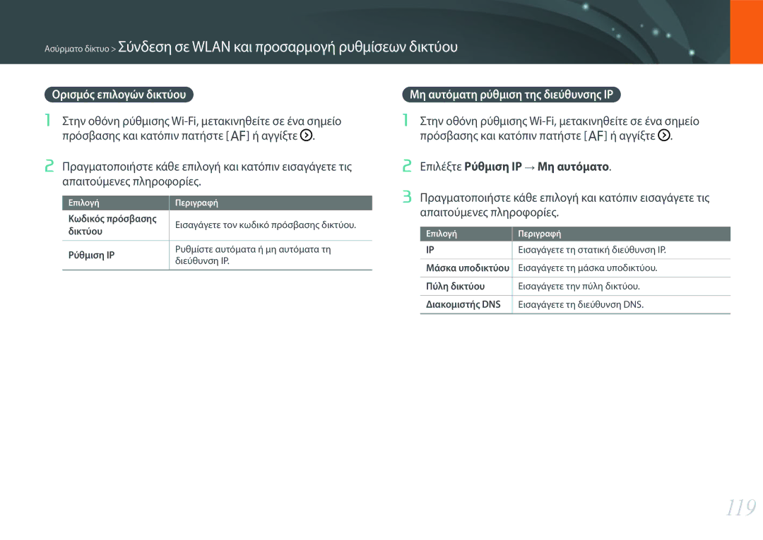 Samsung EV-NXF1ZZB2QGR, EV-NXF1ZZB2KGR, EV-NXF1ZZB1IGR 119, Ορισμός επιλογών δικτύου, Μη αυτόματη ρύθμιση της διεύθυνσης IP 
