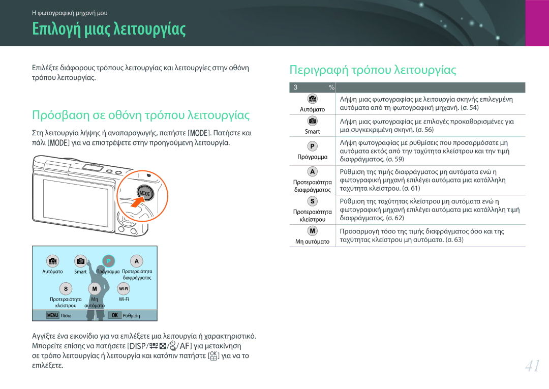 Samsung EV-NXF1ZZB1IGR manual Επιλογή μιας λειτουργίας, Πρόσβαση σε οθόνη τρόπου λειτουργίας, Περιγραφή τρόπου λειτουργίας 