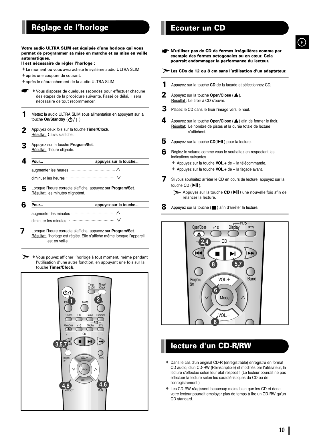 Samsung EV1SRH/ELS Réglage de l’horloge, Ecouter un CD, Lecture dun CD-R/RW, Touche On/Standby, Pour Appuyez sur la touche 