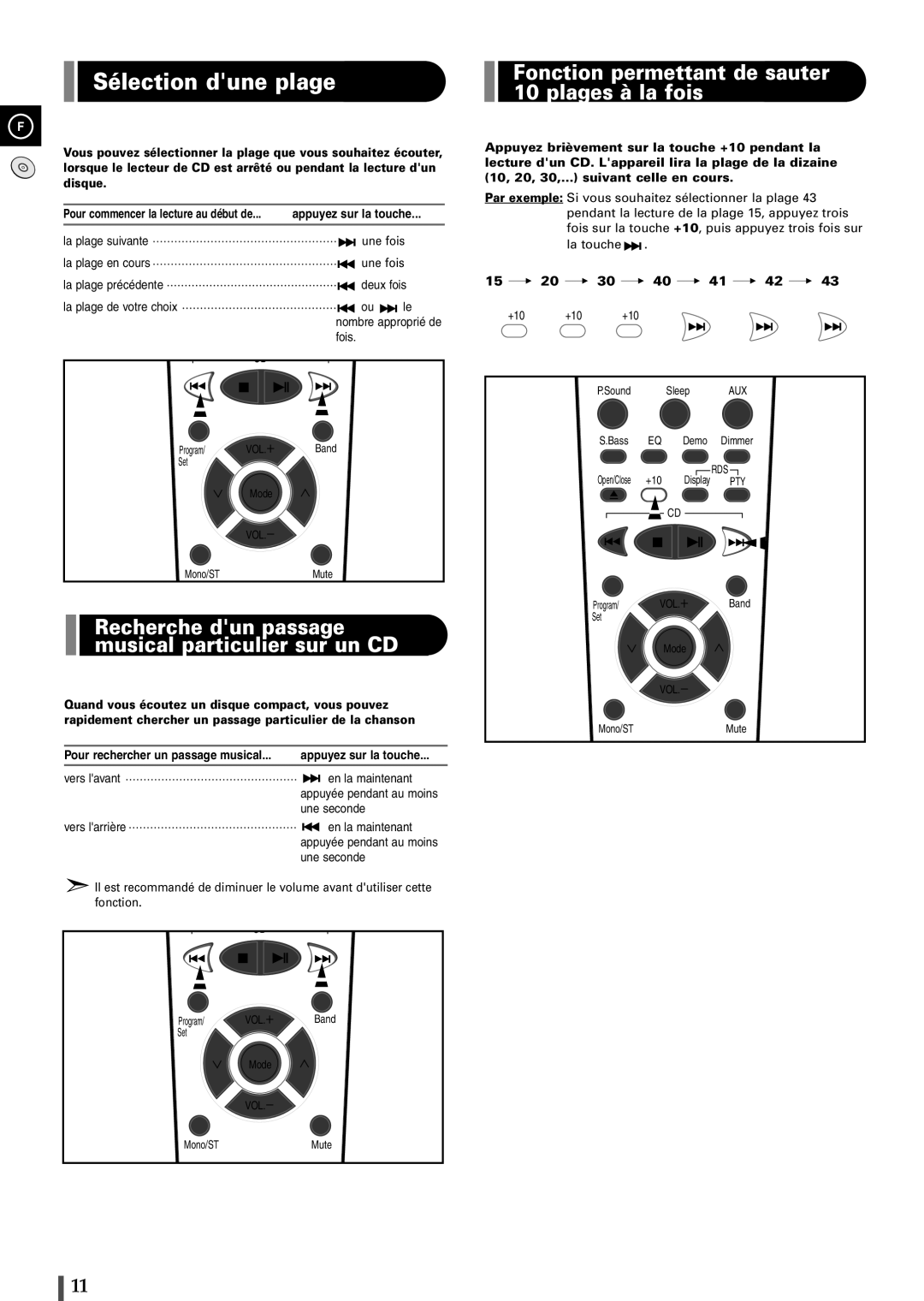 Samsung EV1SRH/ELS manual Sélection dune plage, Recherche dun passage musical particulier sur un CD 