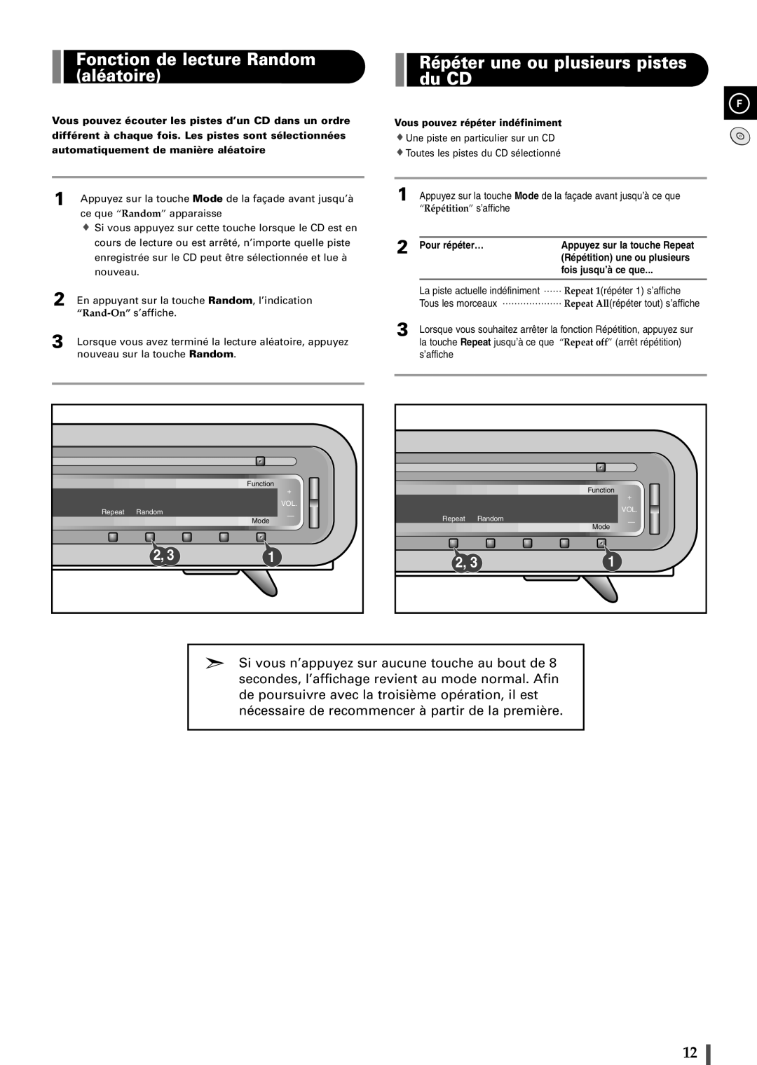 Samsung EV1SRH/ELS manual Fonction de lecture Random aléatoire, Répéter une ou plusieurs pistes du CD, Pour répéter… 