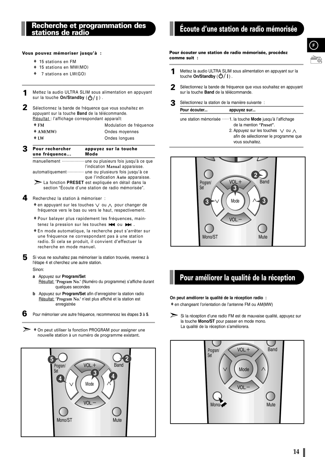 Samsung EV1SRH/ELS manual Recherche et programmation des stations de radio, Pour améliorer la qualité de la réception 