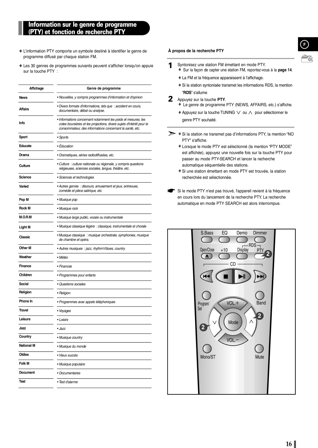 Samsung EV1SRH/ELS manual Propos de la recherche PTY, R.M 