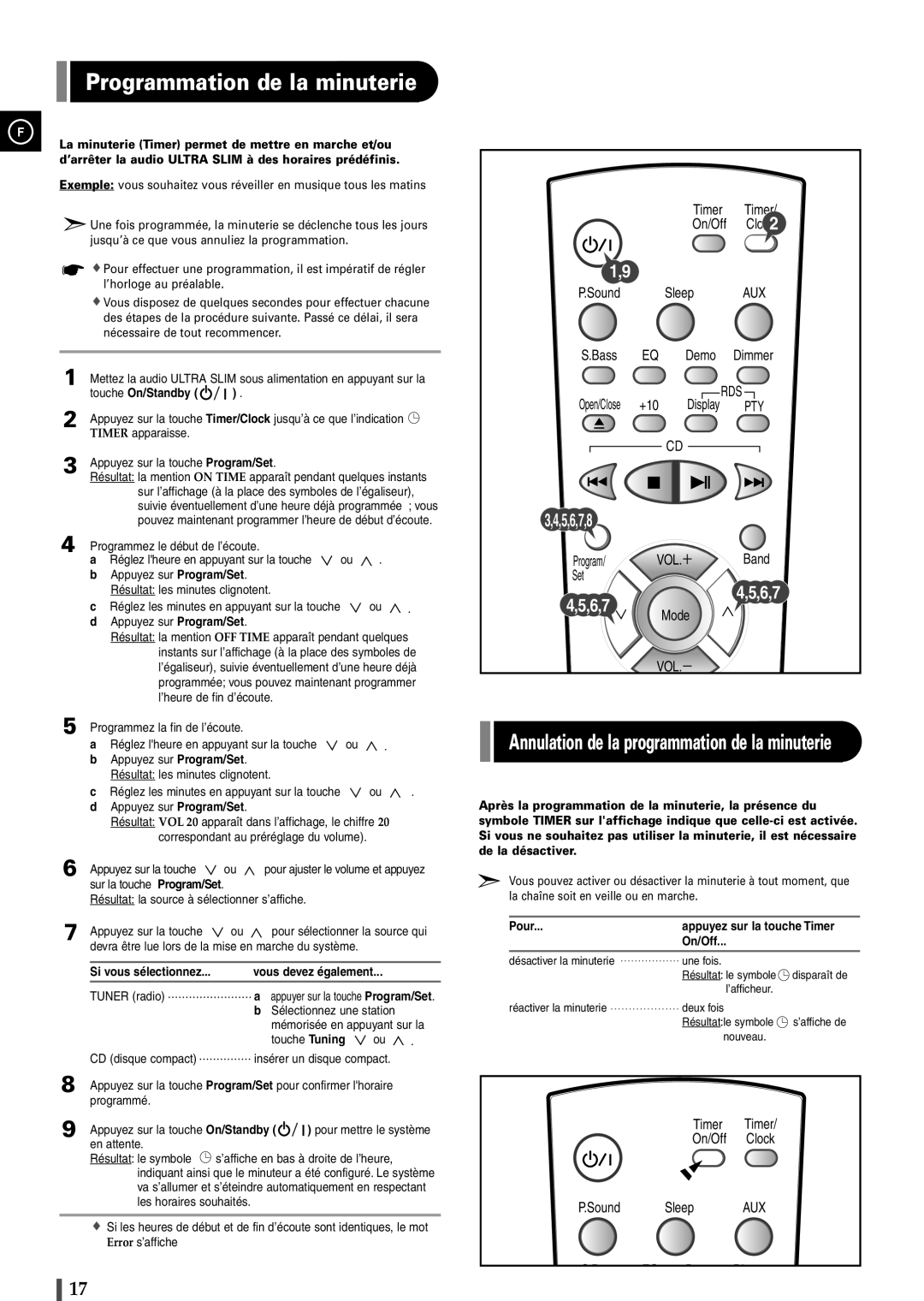 Samsung EV1SRH/ELS manual Programmation de la minuterie, Vous devez également, Pour Appuyez sur la touche Timer On/Off 