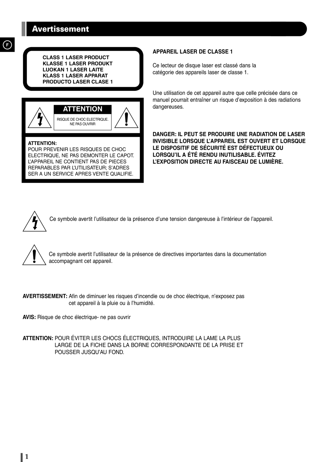 Samsung EV1SRH/ELS manual Avertissement, Appareil Laser DE Classe 