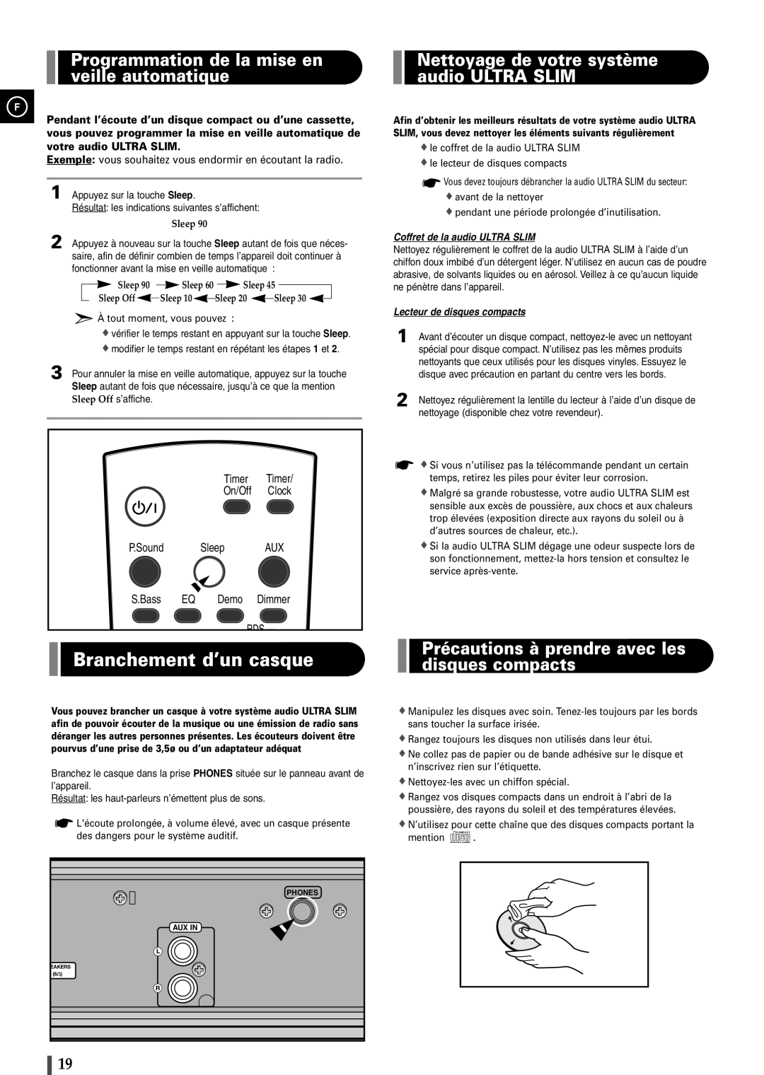 Samsung EV1SRH/ELS manual Branchement d’un casque, Programmation de la mise en veille automatique 