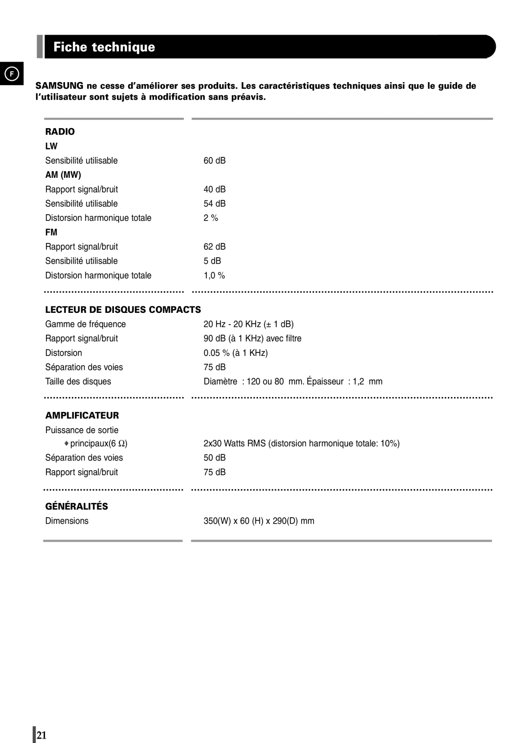 Samsung EV1SRH/ELS manual Fiche technique, Am Mw 