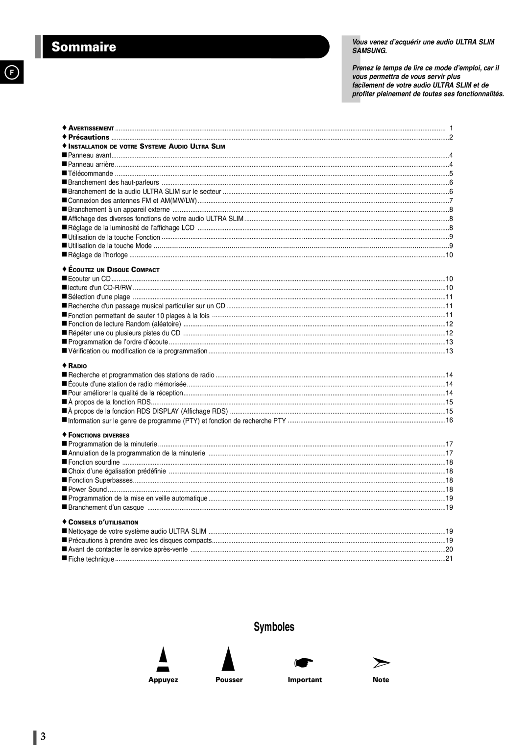 Samsung EV1SRH/ELS manual Sommaire, Samsung 